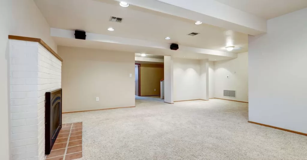 An unfurnished, renovated basement with white walls, carpet, recessed lighting fixtures, and a white brick fireplace.