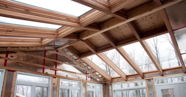 A sunroom under construction with an exposed wood frame with several skylights, window panes, and glass doors.