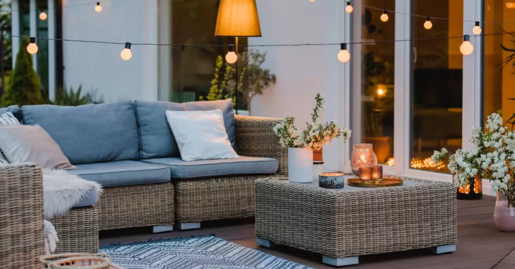 A backyard porch at dusk is decorated with low-hanging string lights, cozy wicker outdoor furniture, and potted plants.