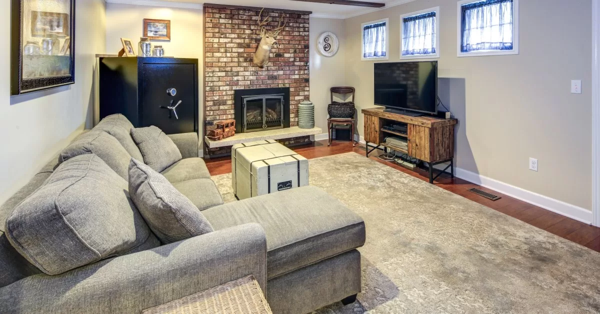 A furnished basement common area with a grey couch, brick fireplace, TV on an entertainment center, and large black safe.