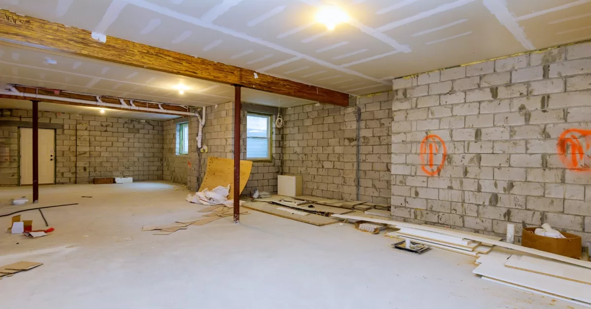 An unfinished basement in the middle of a renovation with exposed concrete block walls and wood beams.