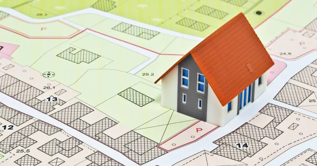 A multi-colored planning and zoning map with a 3-D figure of a two-story home with an orange roof sitting on top.